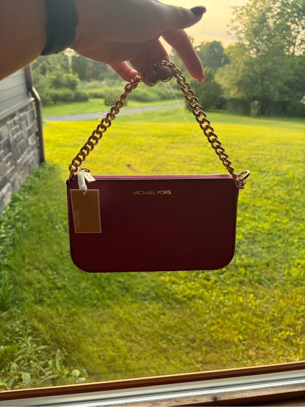 Michael Kors Hot Pink Saffiano Leather Crossbody with Gold Chain